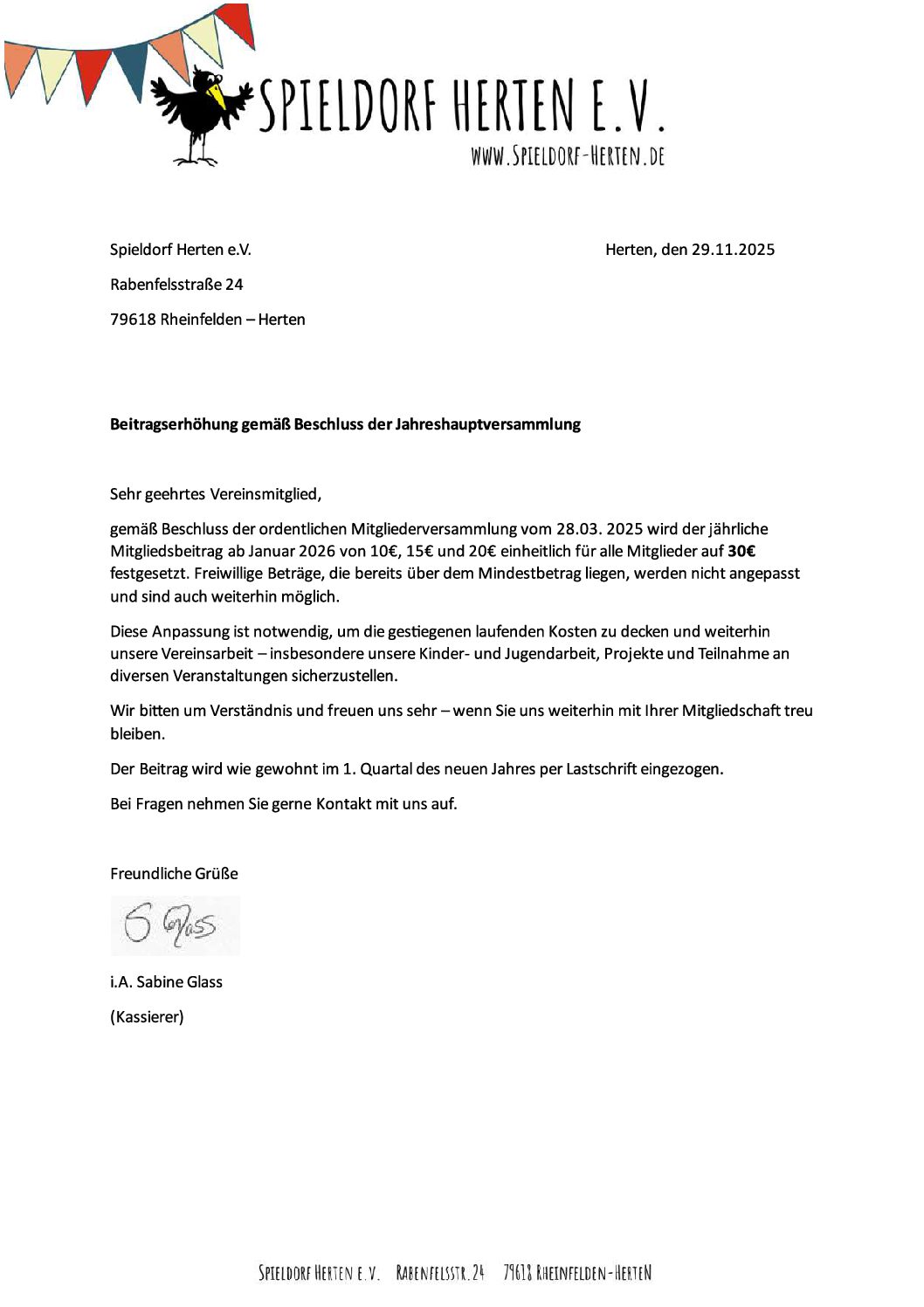 Erhöhung Mitgleidesbeitrag Spieldorf 2026